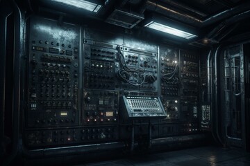 Sci-fi metal wall with control panel in dark setting. Generative AI