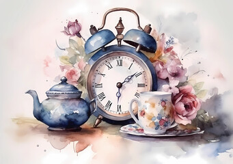 Watercolor composition of teapot, cups, table clock, and pink flowers. Generative AI