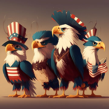 AI generative image of a group of eagles with eeuu colors costume in 4th july 