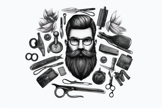 Barber tools, man with beard. Beautiful illustration picture. Generative AI