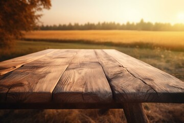 Wooden table with blurry meadow background. Suggests space for ads or products. Generative AI