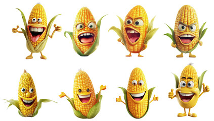 Illustrations of smiling and angry corn cobs cartoon on a transparent background, Generative AI
