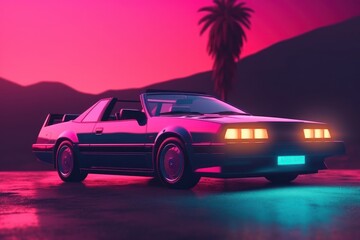 Synthwave style car is outdoors. Beautiful illustration picture. Generative AI