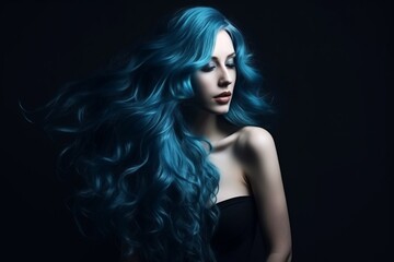 Fototapeta premium Long blue hair. Beautiful woman. Beautiful illustration picture. Generative AI