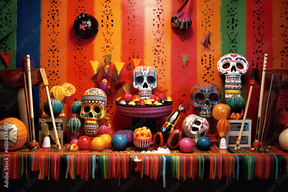 Poster day of the dead decorations are displayed on a table. ai generative. day of the dead picturesque dis