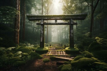 Digital drawing of a wooden torii arch in green forest with path. Generative AI - obrazy, fototapety, plakaty