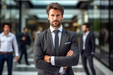 Serious businessman is standing on the street. Beautiful illustration picture. Generative AI