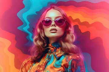 In sunglasses. Vibrant surreal fashion photography of woman. Beautiful illustration picture. Generative AI