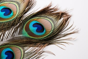 A white background with peacock feathers in the center. Generative AI