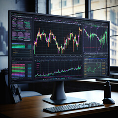 Stock market trading graph and candlestick chart on screen monitor background. Financial investment and economic concept. Generative AI