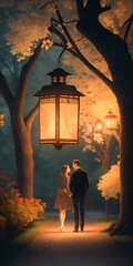 A_park_with_a_lantern_and_a_couple_holding_hands_