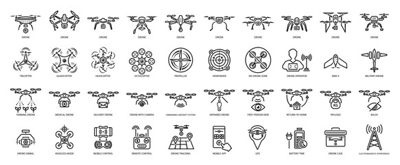 Drone unmanned aerial vehicle glyph icon set. Military and delivery aircraft symbols. - obrazy, fototapety, plakaty