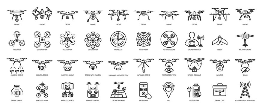 Drone unmanned aerial vehicle glyph icon set. Military and delivery aircraft symbols.