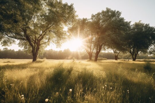 Scenic artwork of sunny trees in a field. Generative AI