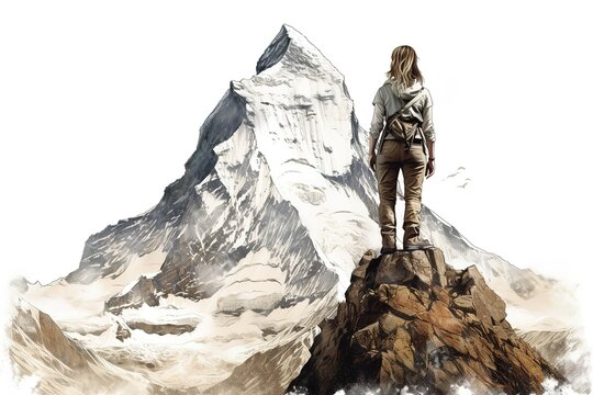 woman in the mountains is isolated on a white background. AI generated