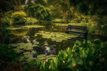 Fototapeta na wymiar A tranquil pond with a bench, surrounded by trees, flowers, and lily pads. Water lilies adorn the foreground. Generative AI