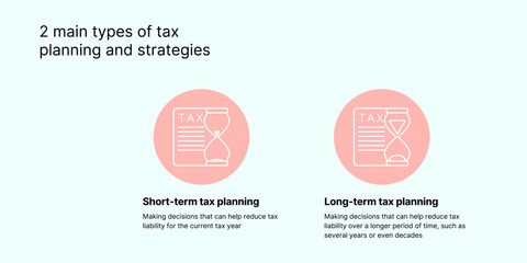 Tax Planning and Strategies Banner on Light Background. Stylish Taxation Banner with Black Text and Colored Icons of Tax Forms and Hourglasses for Business and Finance