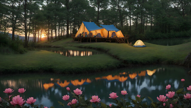 tent, lake camping, glamping. luxury glamorous camping, evening, sun down, water reflection, outdoor, outside, landscape, wide angle shot, dark ,