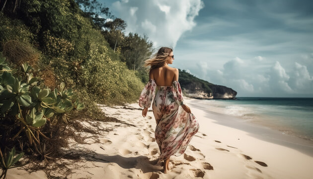 attractive fashion woman in beach dress walks along tropical beach - vacation, dream beach and travel theme - Generative AI