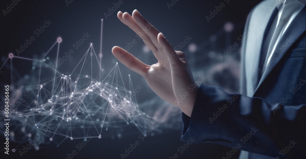 Poster analysis technology hand cyberspace virtual chart concept business graph network. generative ai.