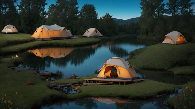 tent, lake camping, glamping. luxury glamorous camping, evening, sun down, water reflection, outdoor, outside, landscape, wide angle shot, dark ,