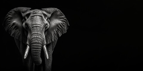 Black and white photorealistic studio portrait of an African Elephant on black background. Generative AI illustration