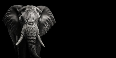 Black and white photorealistic studio portrait of an African Elephant on black background. Generative AI illustration
