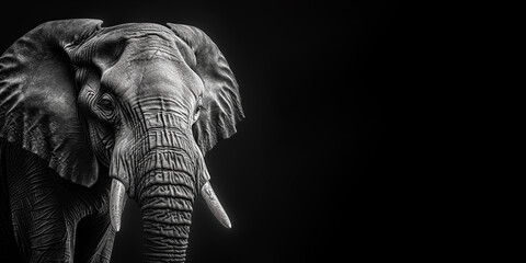 Black and white photorealistic studio portrait of an African Elephant on black background. Generative AI illustration