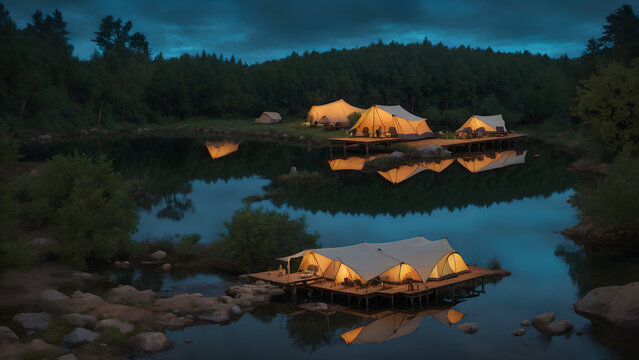 tent, lake camping, glamping. luxury glamorous camping, evening, sun down, water reflection, outdoor, outside, landscape, wide angle shot, dark ,