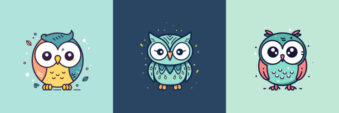 Cute baby owl mascot kawaii cartoon bird illustration set collection