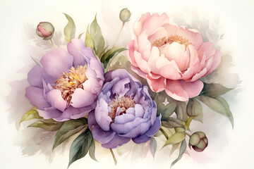 Watercolor realistic picture of a colorful peony flower. Floral vintage arrangement. Botanical illustration for greeting cards, bouquets, wreaths, wedding invitations and summer backgrounds.