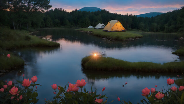 tent, lake camping, glamping. luxury glamorous camping, evening, sun down, water reflection, outdoor, outside, landscape, wide angle shot, dark ,