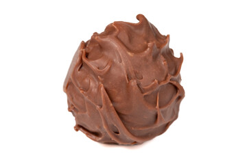 Praline chocolate. Chocolate with truffles or praline filling isolated on white background. Close up