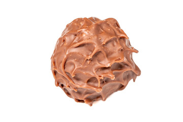Praline chocolate. Chocolate with truffles or praline filling isolated on white background. Close up