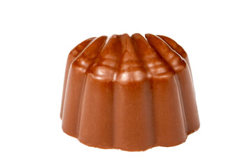 Praline chocolate. Chocolate with truffles or praline filling isolated on white background. Close up