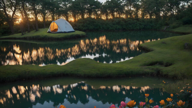 tent, lake camping, glamping. luxury glamorous camping, evening, sun down, water reflection, outdoor, outside, landscape, wide angle shot, dark ,