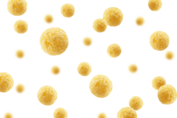 Falling corn ball, isolated on white background, selective focus