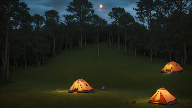 tent, lake camping, glamping. luxury glamorous camping, evening, sun down, water reflection, outdoor, outside, landscape, wide angle shot, dark ,