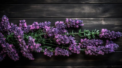 Fototapeta na wymiar Purple lavender flowers and leaf Border surrounding on a Dark black rustic Wooden Tabletop, Highlighting the Soft and Selective Elements of Flower Border Art. Generative ai