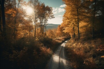 A scenic, winding road meanders through fall foliage trees in New England. Generative AI