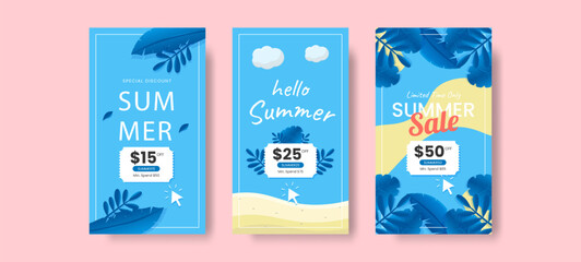Fototapeta na wymiar Social media story design templates, summer vacation concepts, blue backgrounds, discount vouchers for promotions