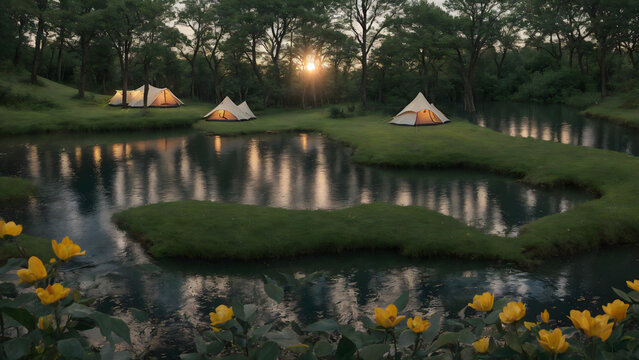 tent, lake camping, glamping. luxury glamorous camping, evening, sun down, water reflection, outdoor, outside, landscape, wide angle shot, dark ,