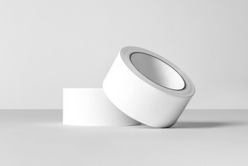 Roll of white sticky tape on the floor. Mock up. 3D illustration, 3D rendering.