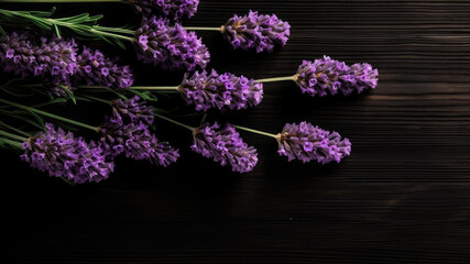 Purple lavender flowers and leaf Border surrounding on a Dark black rustic Wooden Tabletop, Highlighting the Soft and Selective Elements of Flower Border Art. Generative ai