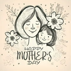 Pencil drawing of a mother and her daughter with flowers around her for mother s day wishes