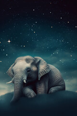 a baby elephant sleeping on a cloud with a starry sky. Generative AI	