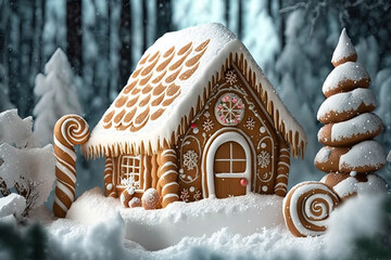 A christmas scene with a gingerbread house and candy canes. Generative AI. - obrazy, fototapety, plakaty