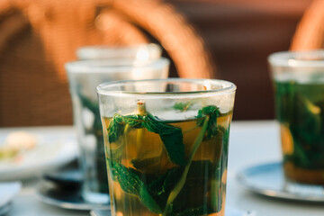 whisky maroccan mint Tea at rooftop in Jemaa el-Fna Marrakech at Night, Morocco, koutoubia