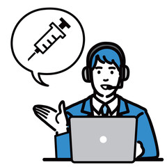 ラップトップの前に座って予防接種、ワクチンの説明をしているオペレーターの若い男性
