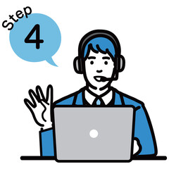 ステップ4 ラップトップの前に座って手順について説明をしているオペレーターの若い男性
